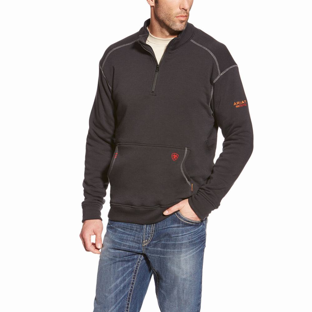 Ariat FR Polartec Fleece 1/4 Zip Hoodie Herr Svarta | 092-BCXKZA