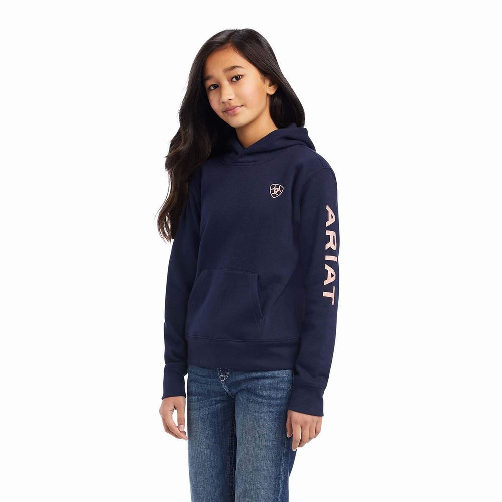 Ariat REAL Arm Logo Hoodie Barn Marinblå | 495-MOQPBK