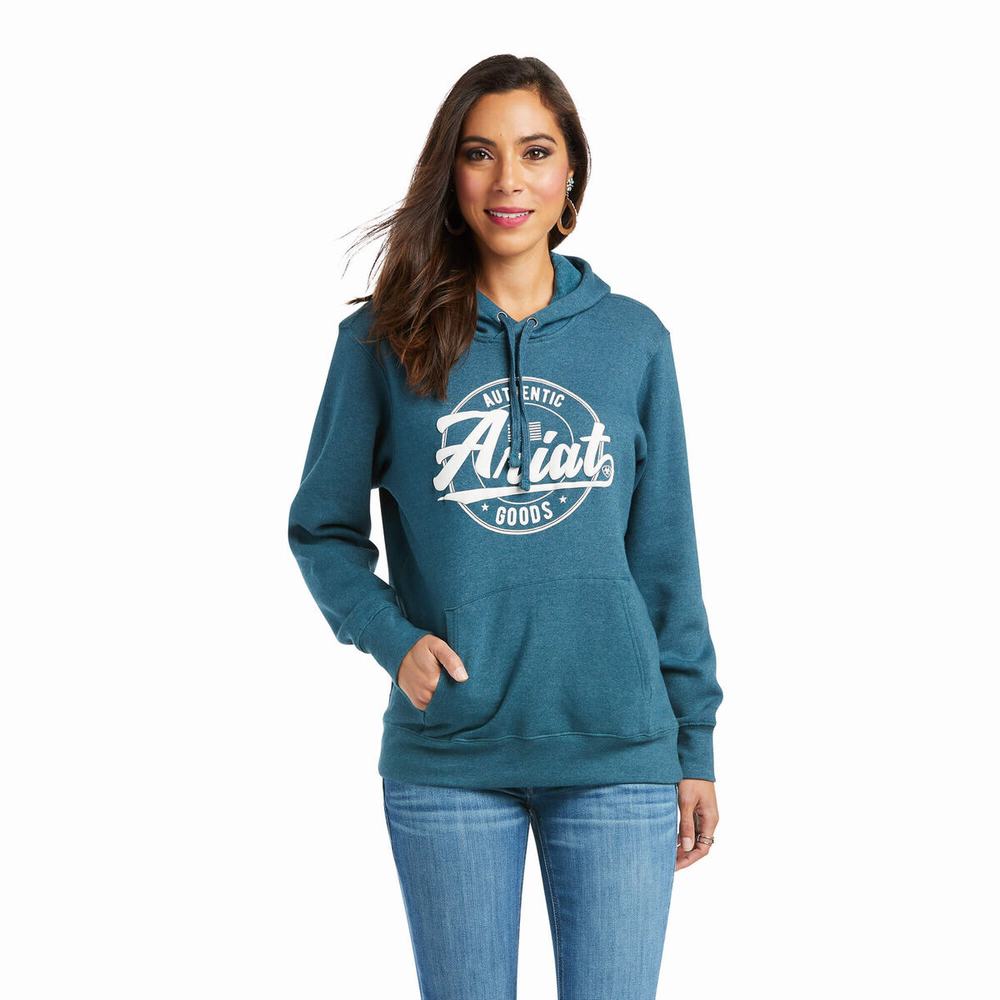 Ariat REAL Arm Logo Hoodie Dam Turkos | 453-MNPDIC