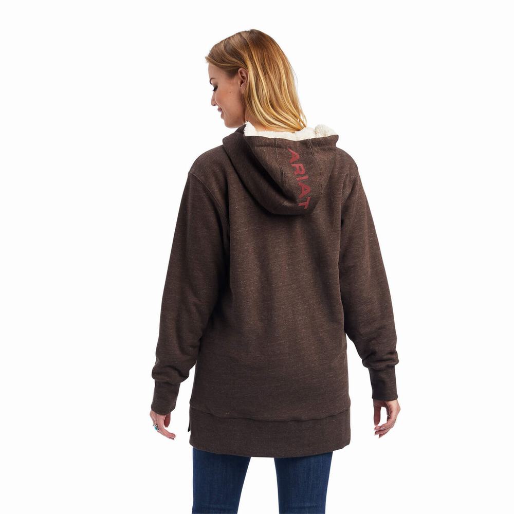 Ariat REAL Sherpa Fodrade Long Full Zip Hoodie Dam Bruna | 305-NRYLXB