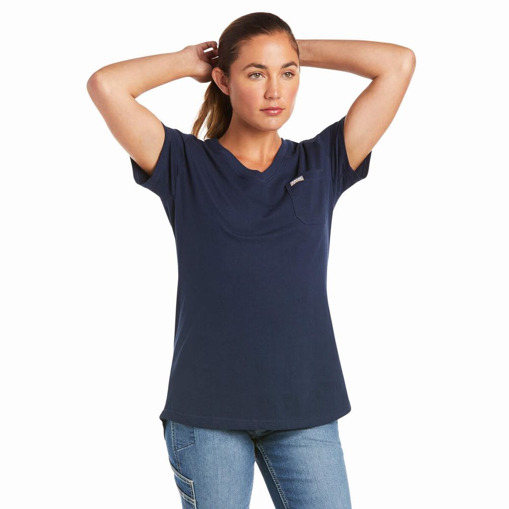 Ariat Rebar Bomull Strong V-Neck Short Sleeve Dam Marinblå | 740-JHDWZY