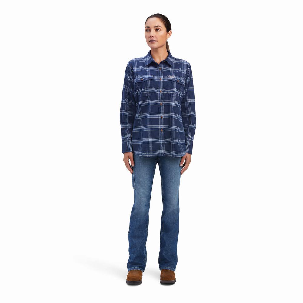 Ariat Rebar Flannel DuraStretch Skjorta Dam Marinblå | 439-DLQZYA