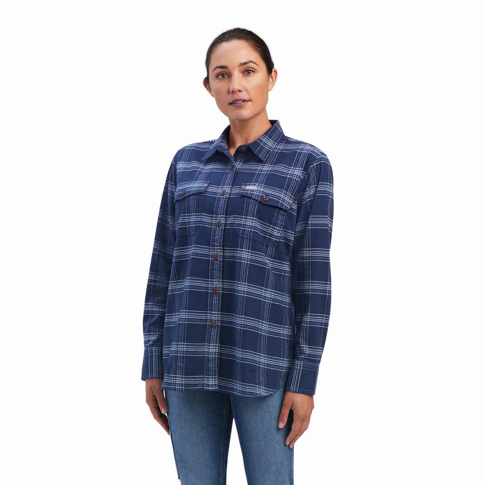 Ariat Rebar Flannel DuraStretch Skjorta Dam Marinblå | 439-DLQZYA