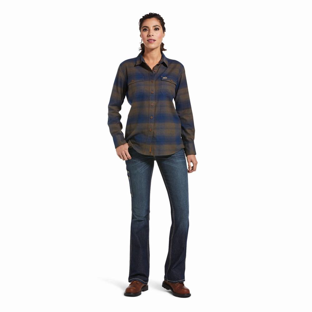 Ariat Rebar Flannel DuraStretch Skjorta Dam Marinblå | 815-CRKZQP