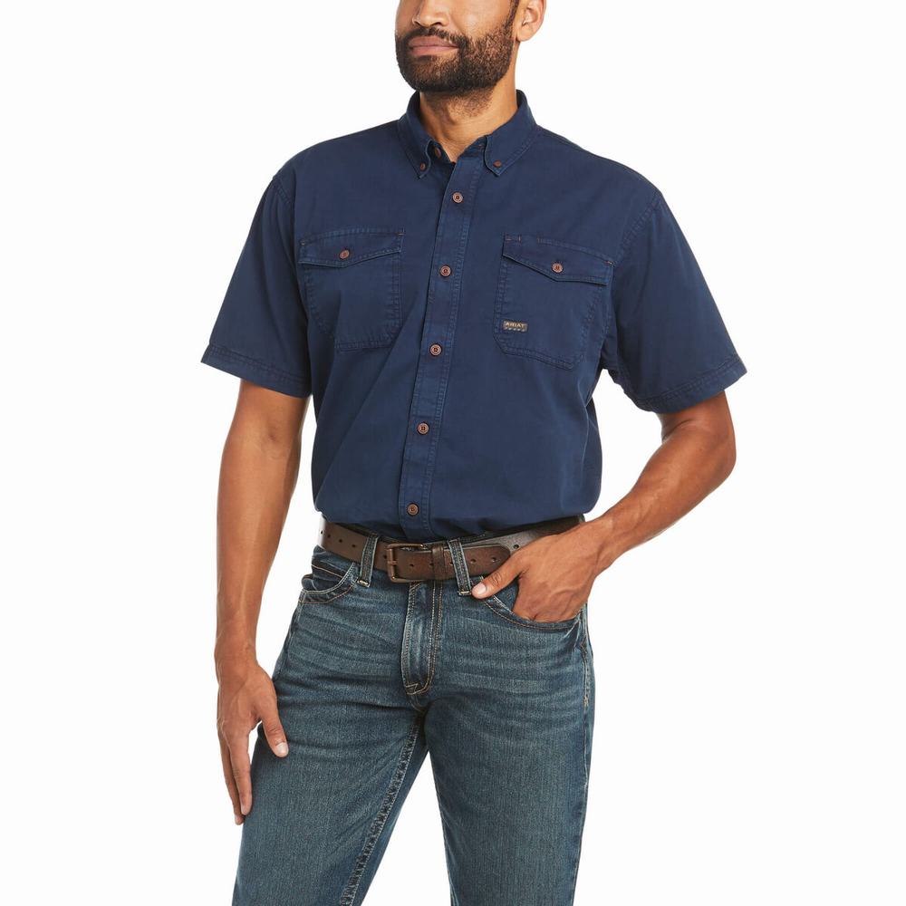 Ariat Rebar Washed Twill Short Sleeve Herr Marinblå | 069-EVWHRL