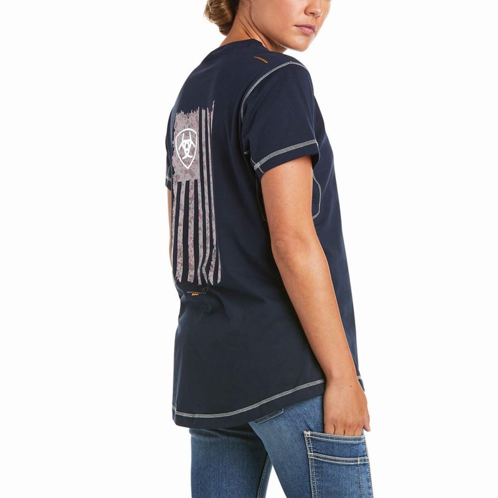 Ariat Rebar Woman Camo Flag Short Sleeve Dam Marinblå | 570-FHTYNM